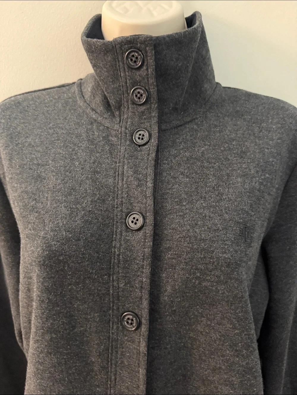 Lauren Ralph Lauren Charcoal Button-Up Funnel Neck Sweater